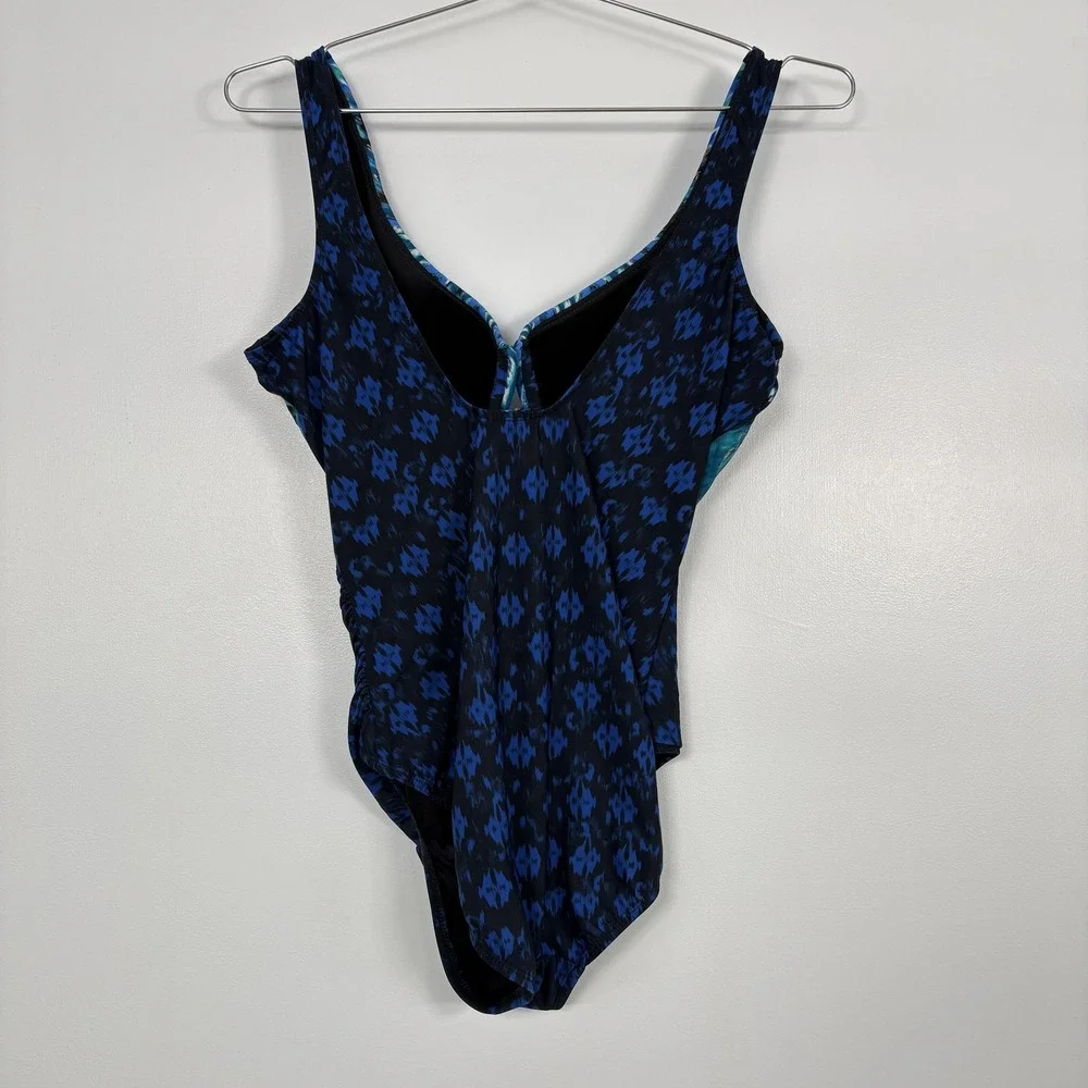 Miraclesuit Swimsuit Womens 16 Blue Ikat One Piece Tank Ruched Slimming Underwir - Picture 3 of 12